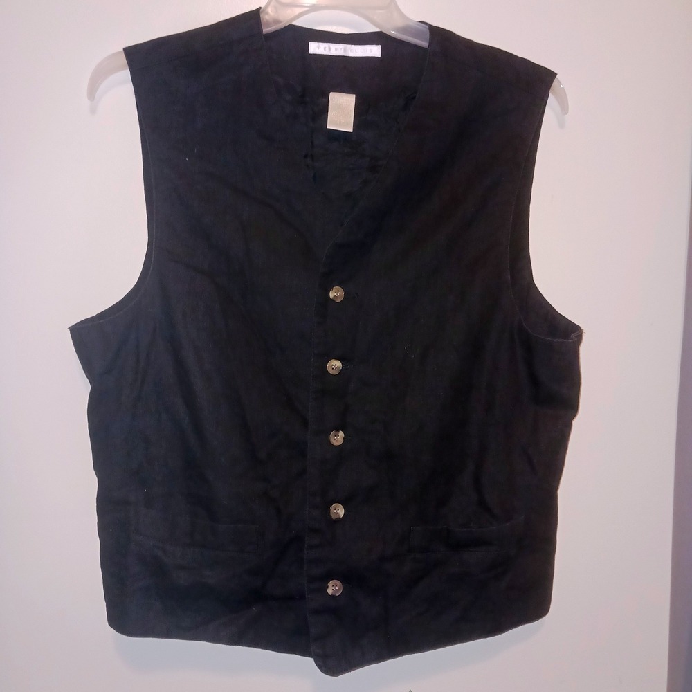 Vintage Perry Ellis Black Linen Cotton Blend Button Front Cinch Back Vest L